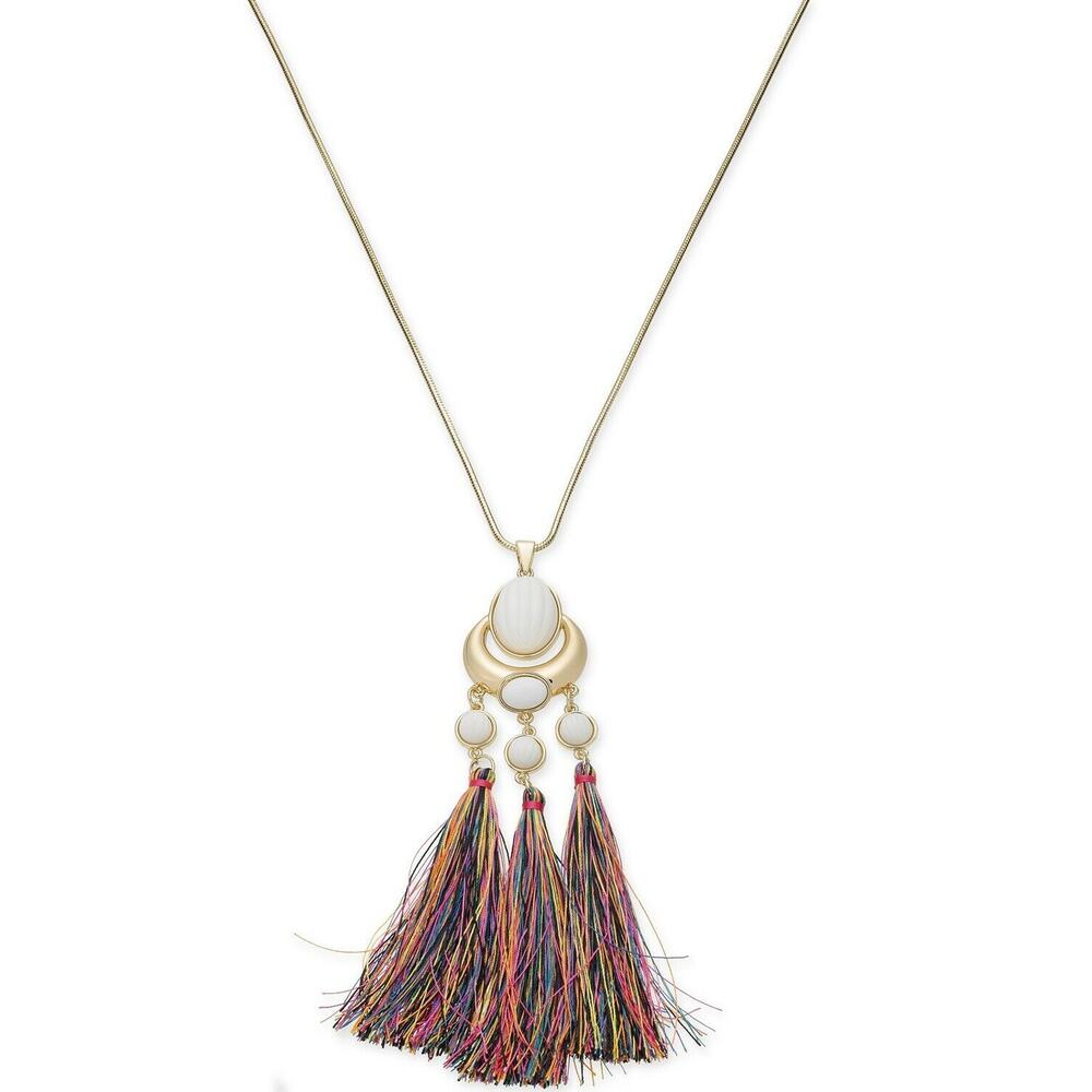 Trina Turk x I.N.C. Gold-Tone Stone & Tassel 30" Pendant Necklace
